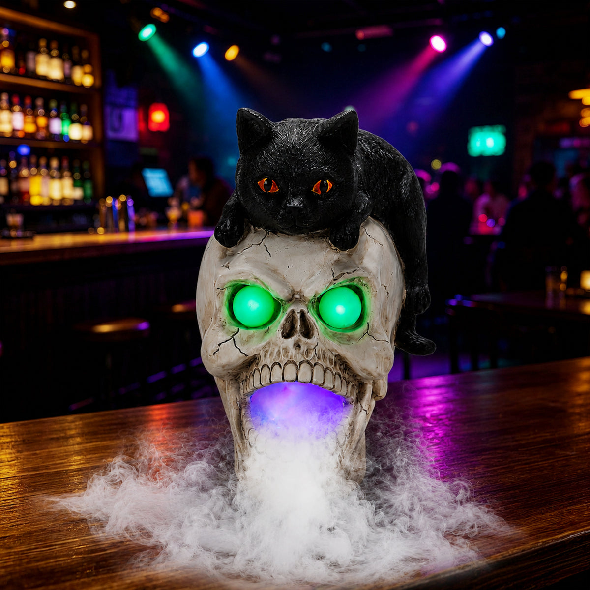 Black Cat Skull Statue with LED Light and Fog Mist Effect, H - view 2