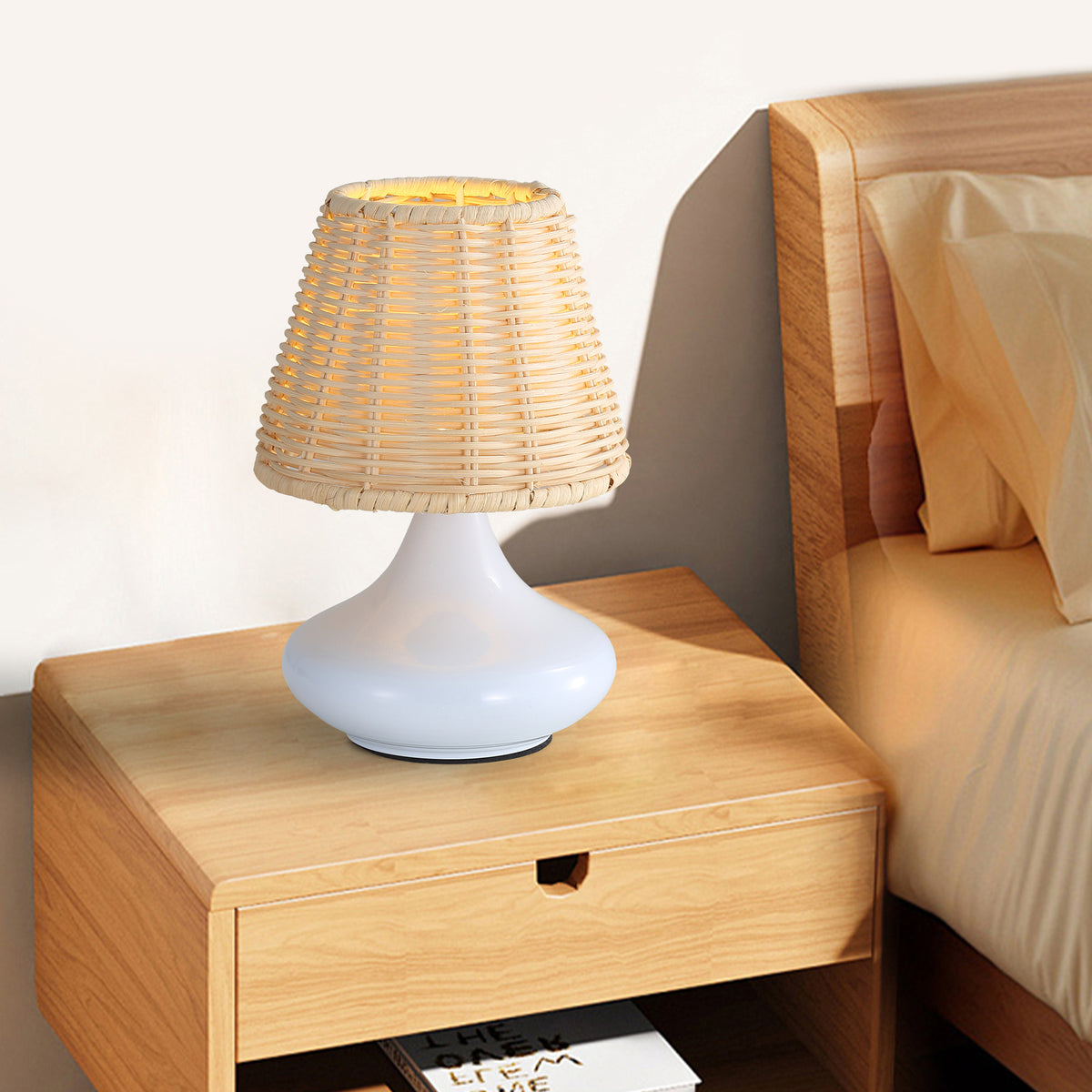 Woven Bamboo Table Lamp, Dimmable Boho Desk Lamp with Iron B - view 4