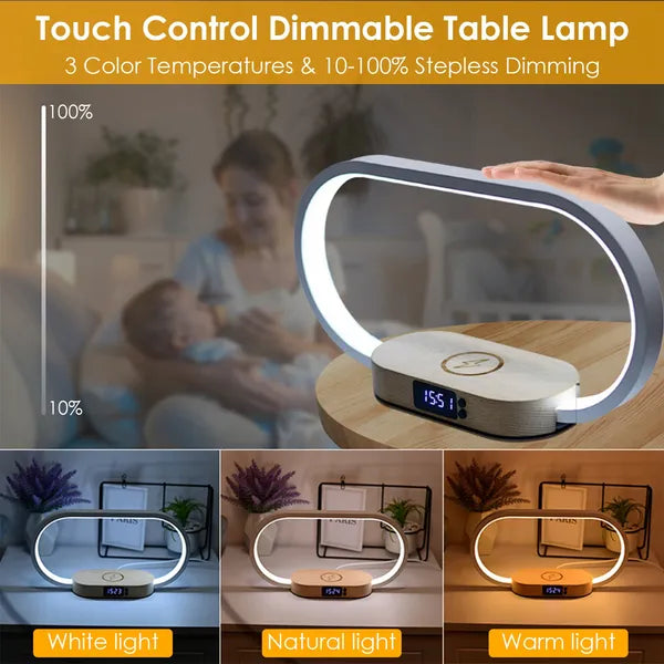 Touch Bedside Lamp with Clock and Wireless Charger, Dimmable - view 4