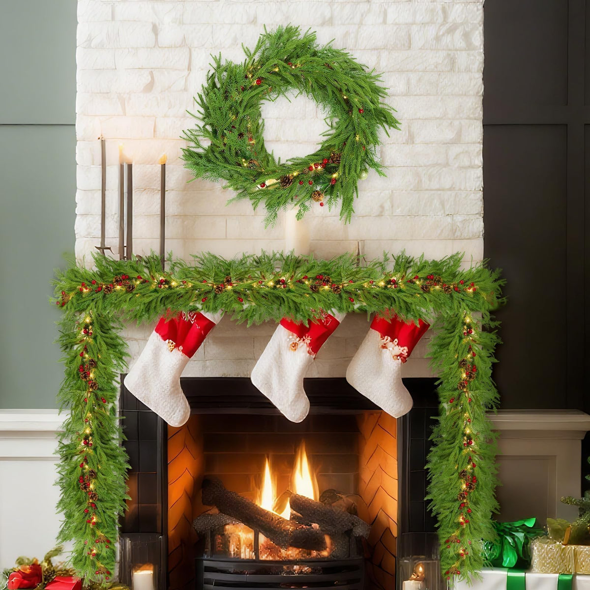 Lighted Norfolk Pine Garland 9 ft with Pinecones, Berries an - view 2