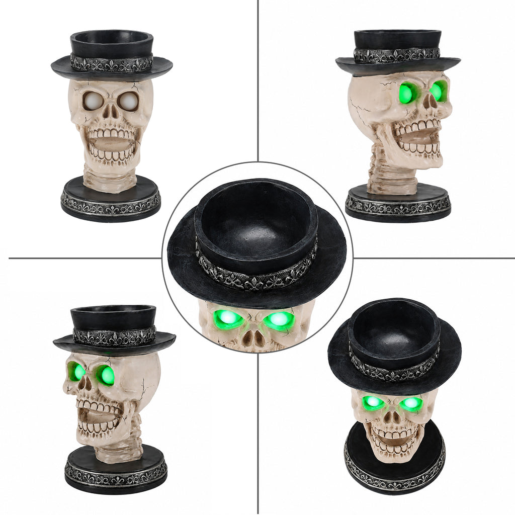 Skull Candle Holder with Glowing Green Eyes, Gothic Hallowee - view 7