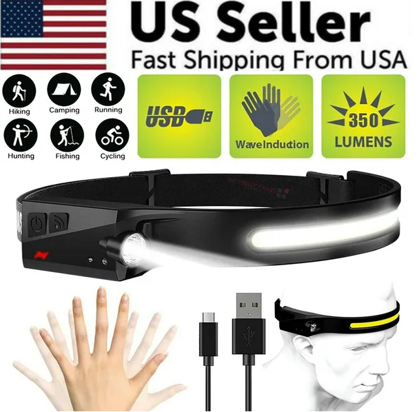 COB LED Headband Headlamp, USB Rechargeable with Motion Sens - view 2