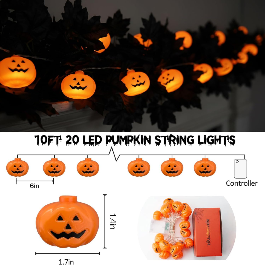 3D Pumpkin String Lights 10 ft 20 LED, Waterproof Indoor Out - view 4