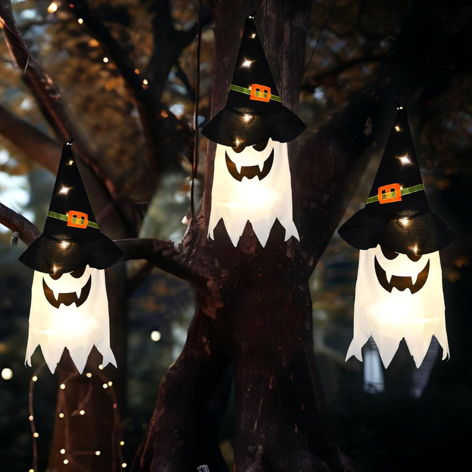 Glowing Hanging Ghosts with Witch Hats 3-Pack, Lighted Hallo - view 5