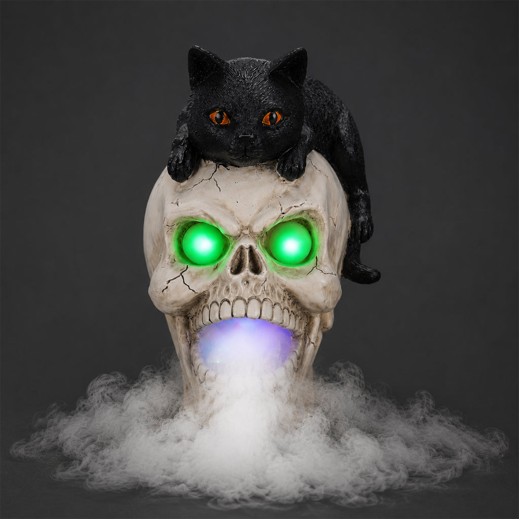 Black Cat Skull Statue with LED Light and Fog Mist Effect, H - view 6