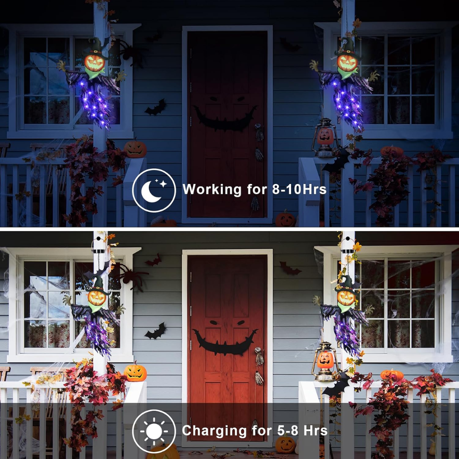 Solar Hanging Pumpkin Lantern with Glowing Eyes, Purple Meta - view 3