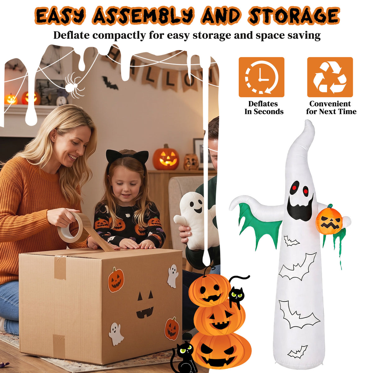 12 ft Inflatable Ghosts and Bats with Flashing LED Lights, H - view 3