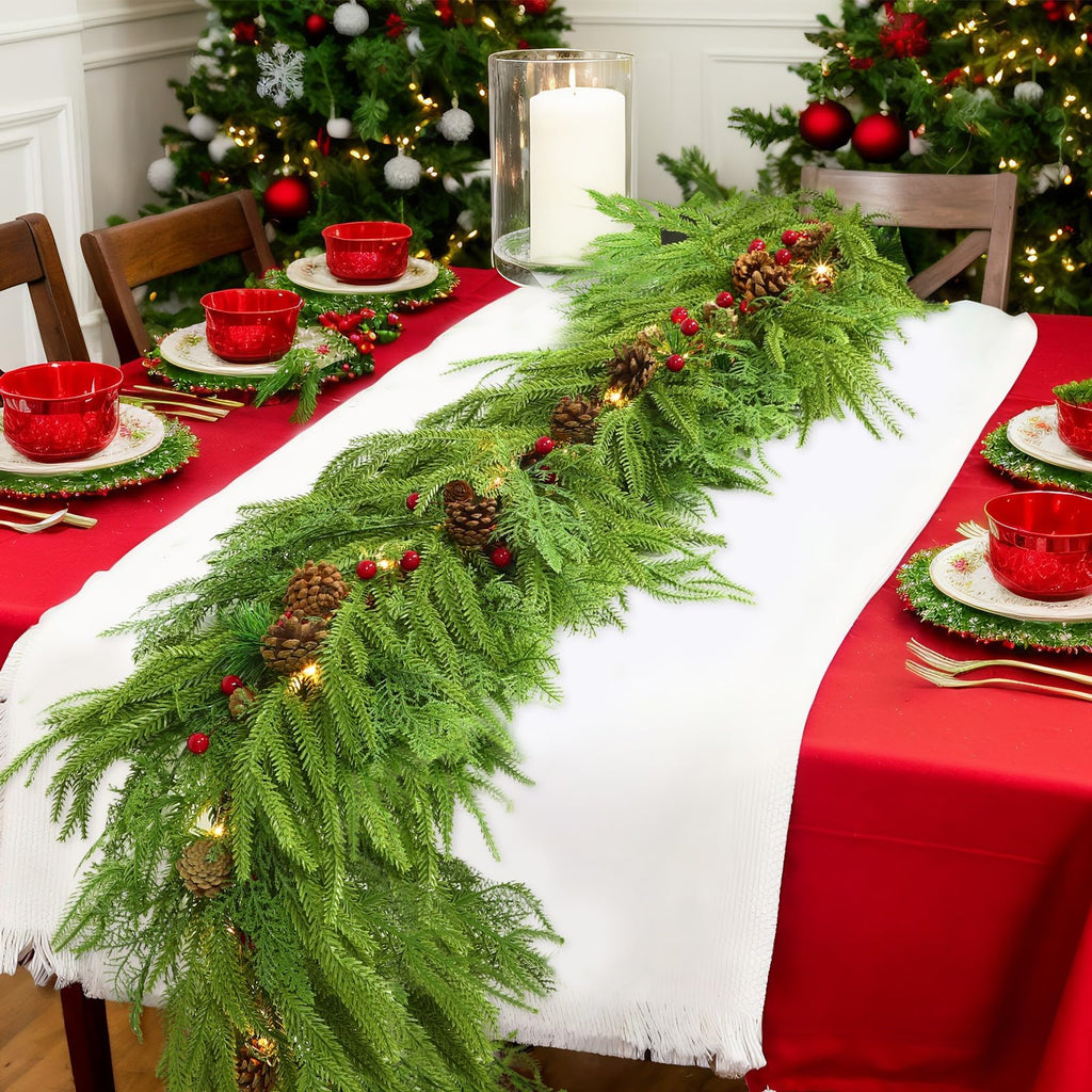 Lighted Norfolk Pine Garland 9 ft with Pinecones, Berries an - view 3