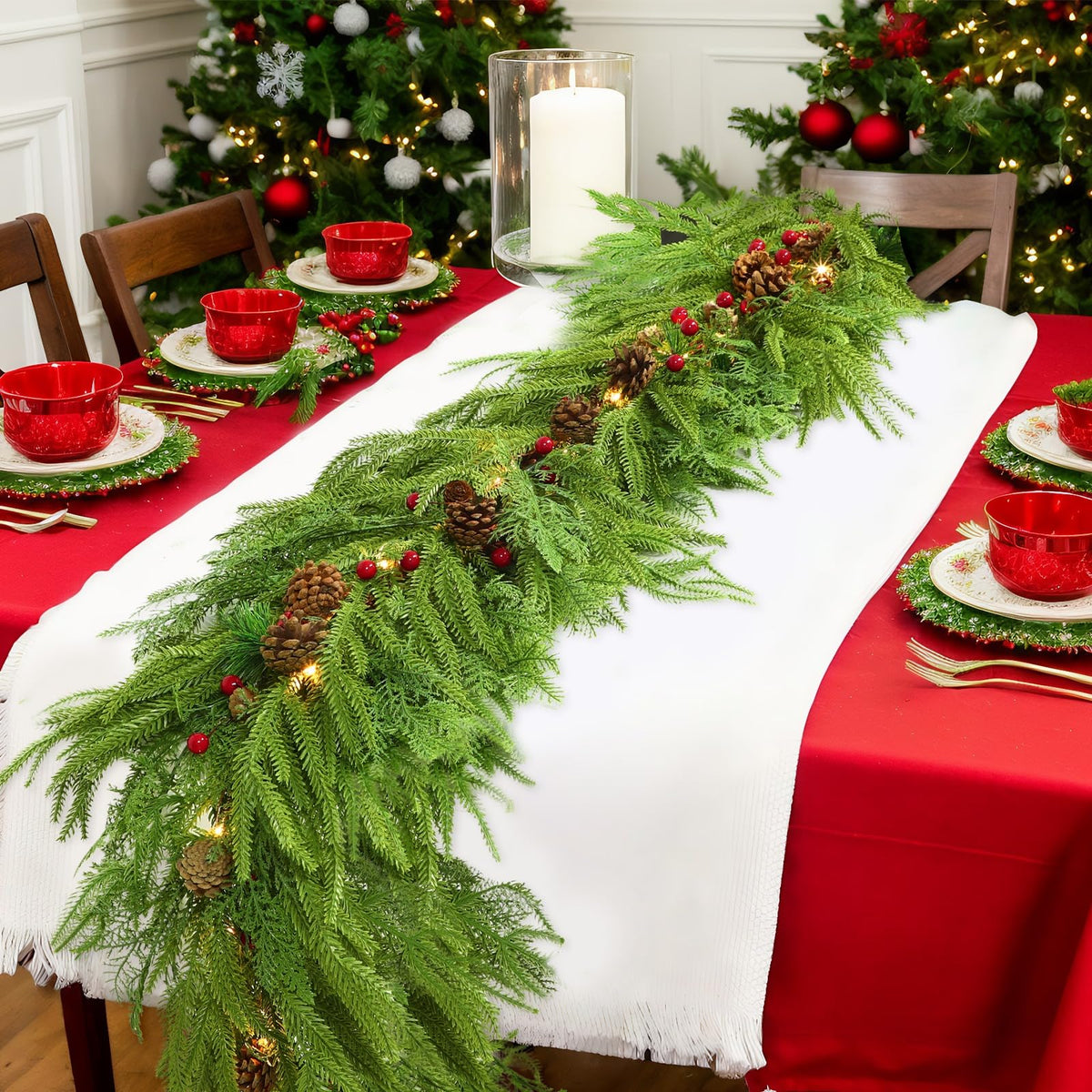 Lighted Norfolk Pine Garland 9 ft with Pinecones, Berries an - view 3