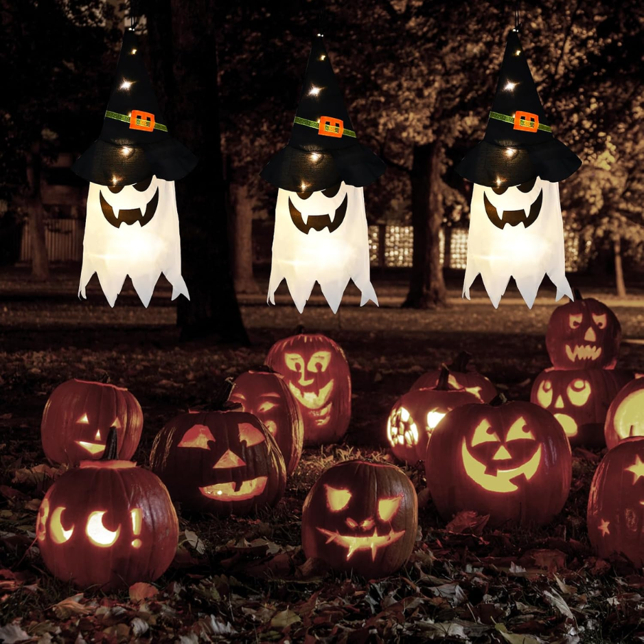 Glowing Hanging Ghosts with Witch Hats 3-Pack, Lighted Hallo - view 3