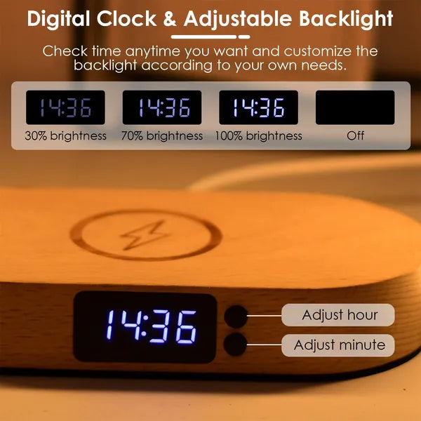 Touch Bedside Lamp with Clock and Wireless Charger, Dimmable - view 3