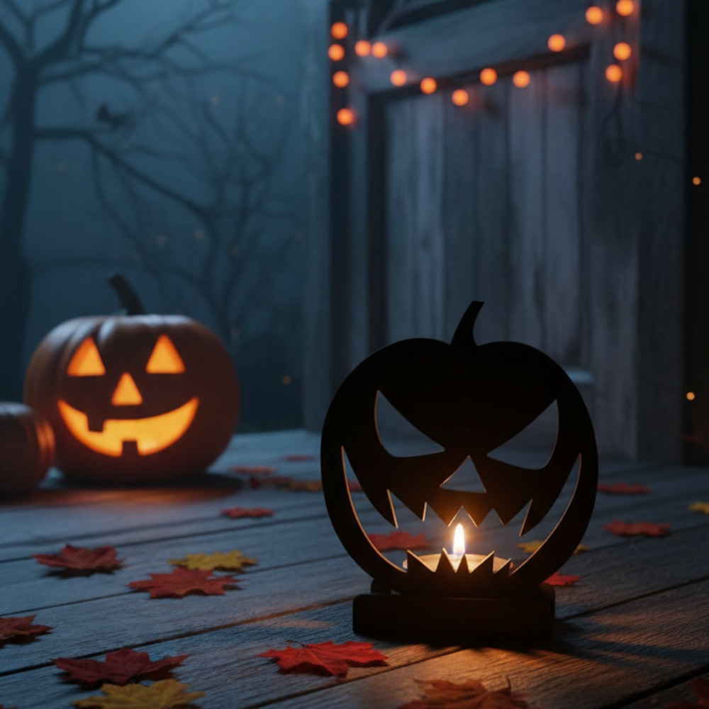 Gothic Pumpkin Metal Candle Holder, Spooky Halloween Centerp - view 5
