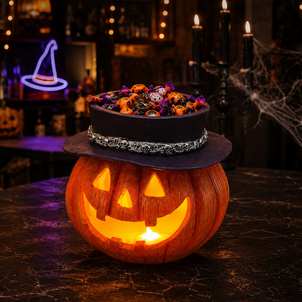 Light-Up Pumpkin Candy Bowl with Witch Hat, Halloween Tablet - view 2