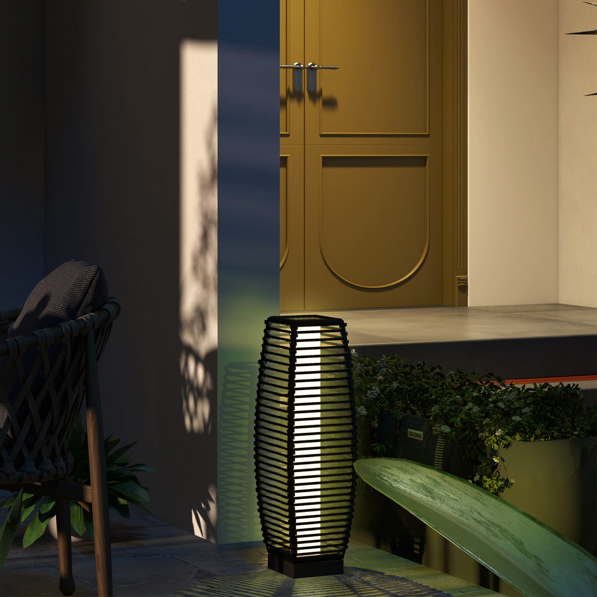 Solar Rattan Lantern Floor Lamp, Boho Outdoor Pathway and Pa - view 3