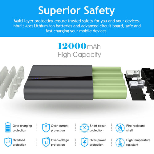 12000mAh Portable Charger with Built-In Flashlight, Dual USB - view 2