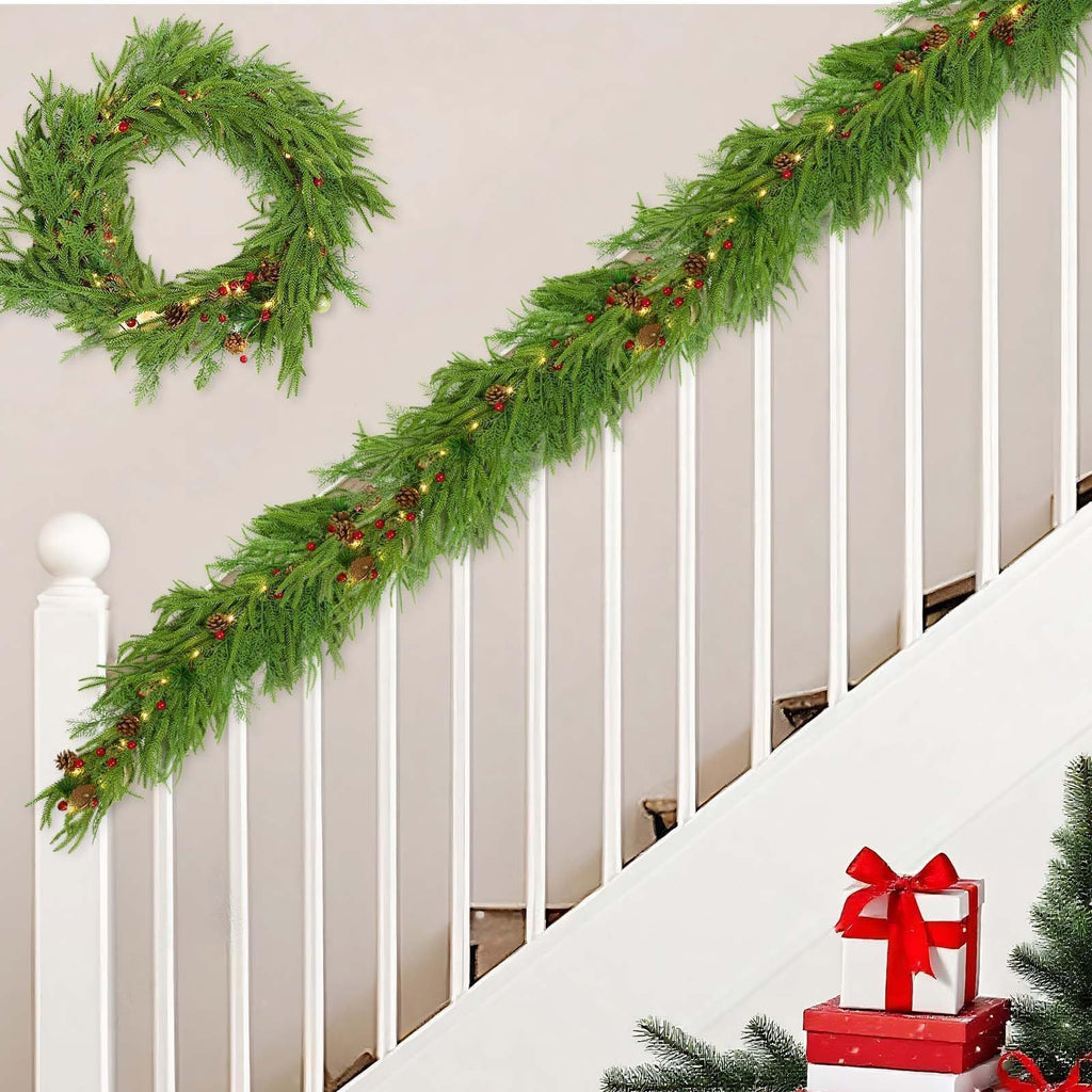 Lighted Norfolk Pine Garland 9 ft with Pinecones, Berries an - view 5
