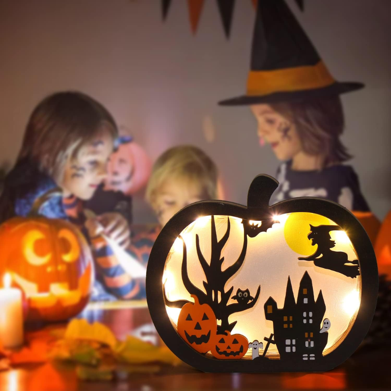 Light-Up Wooden Pumpkin Table Sign, Halloween Centerpiece De - view 5