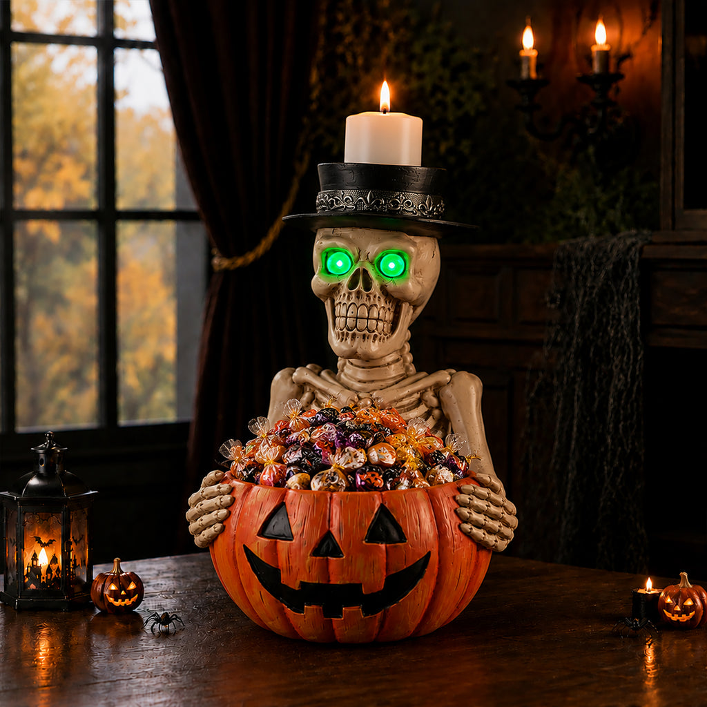 Light-Up Skeleton Figurine with Pumpkin Candy Bowl and Candl - view 2