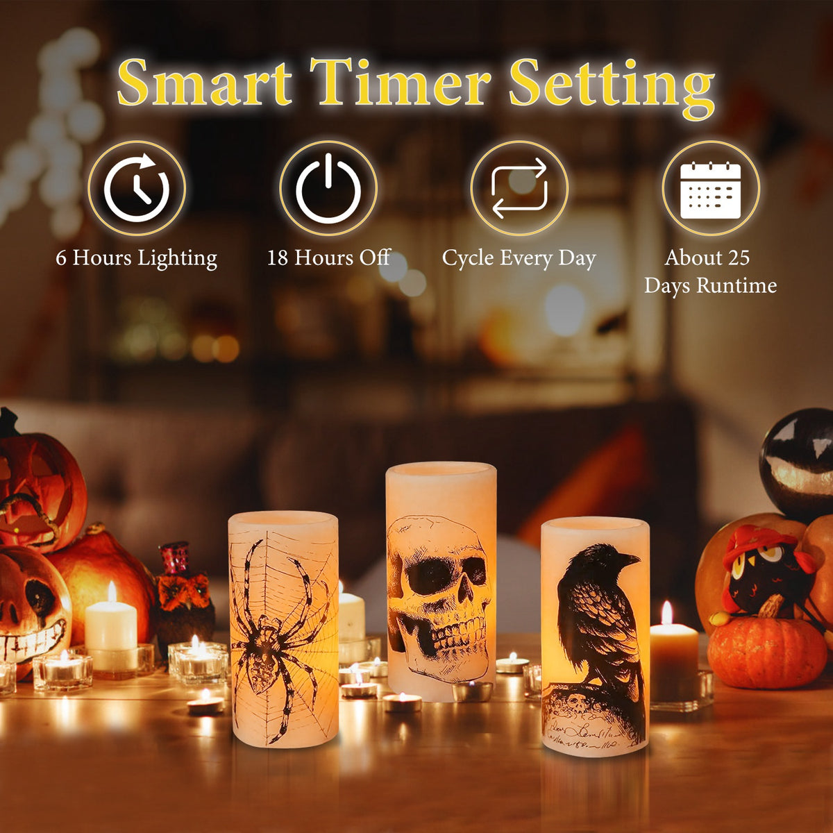 Flameless Halloween Candle Lamps 3-Pack with Timer, Warm Ora - view 3