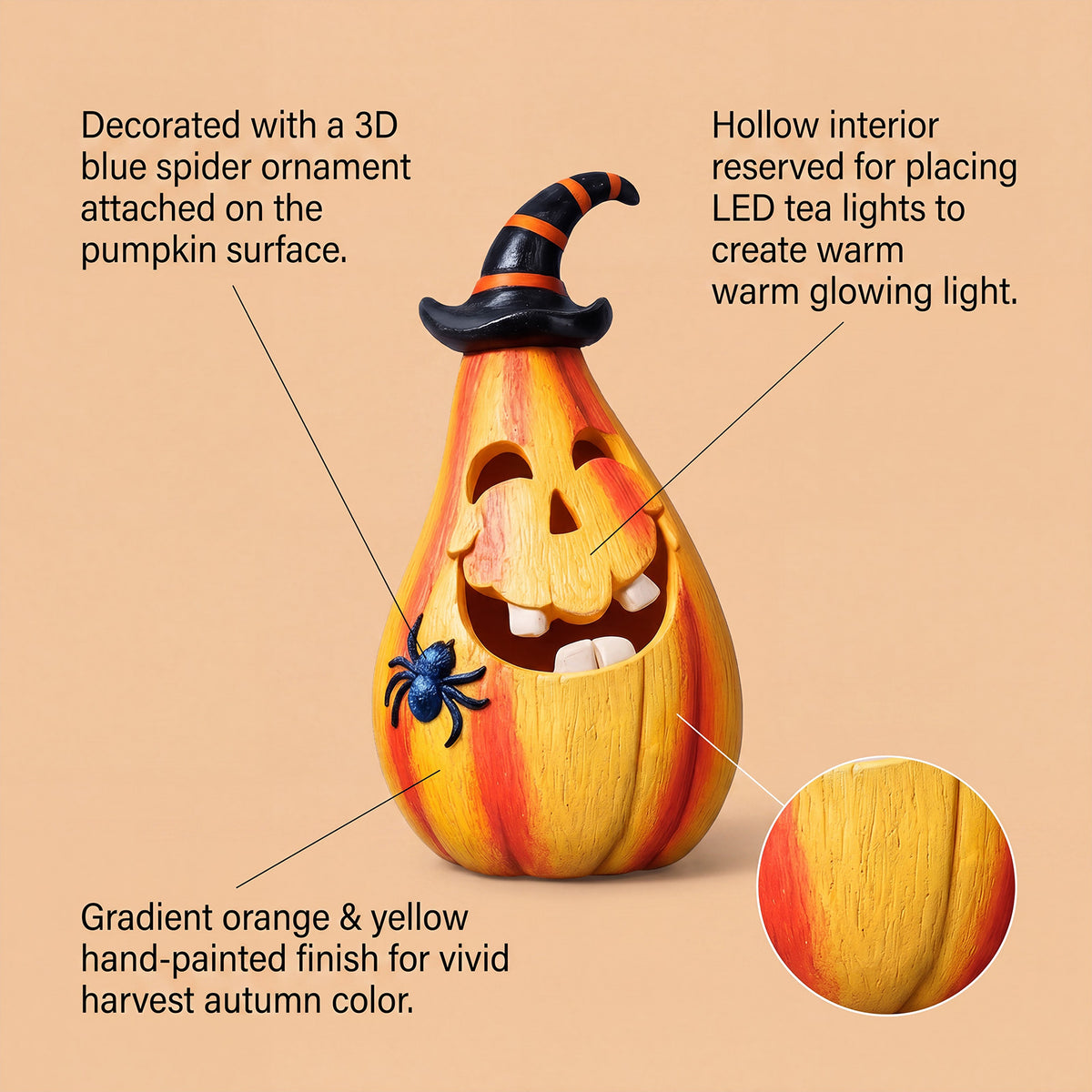 Light-Up Resin Pumpkin with Witch Hat and Spider, Halloween  - view 6
