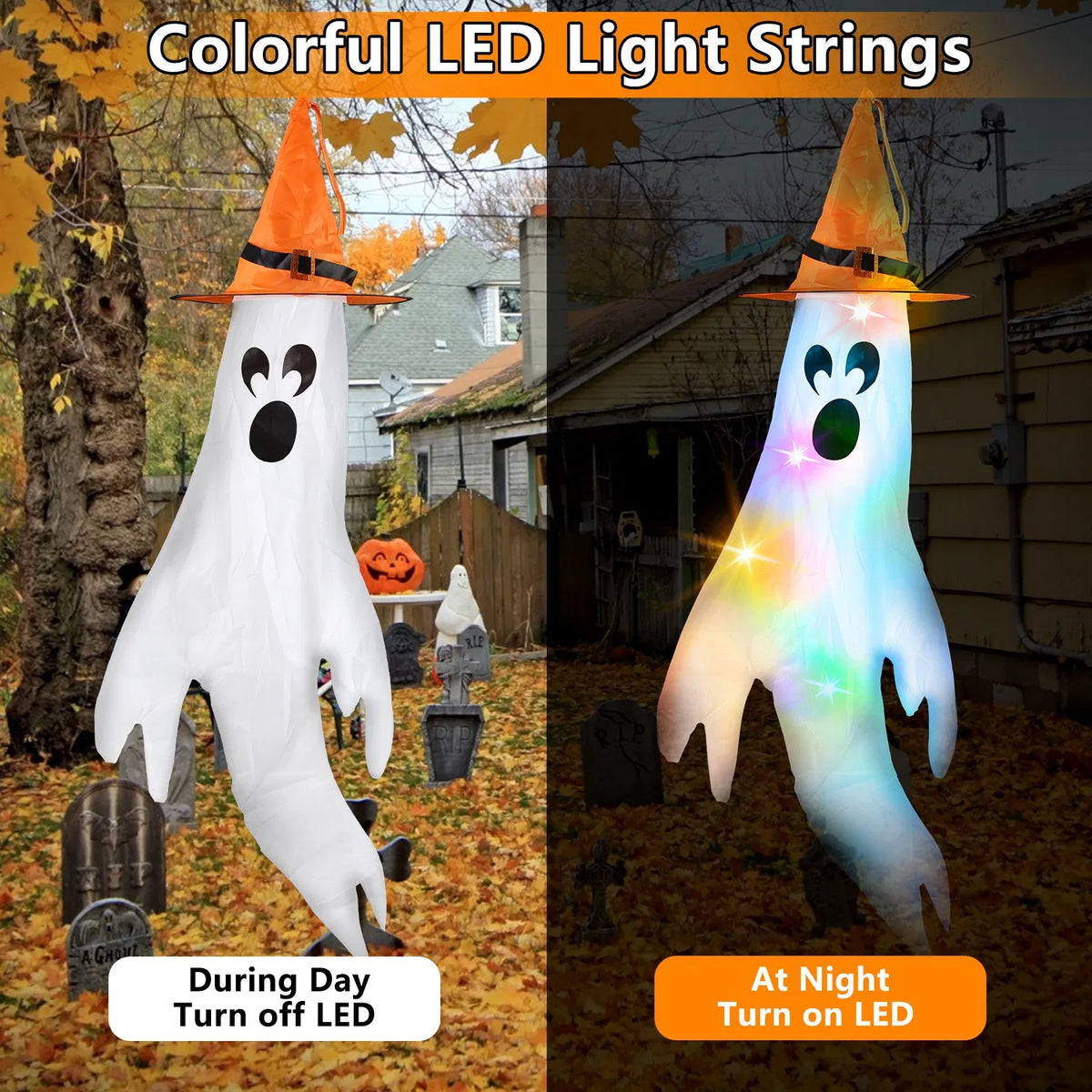 Halloween Hanging Decor Set, Ghost Windsocks, Witch Hats and - view 8
