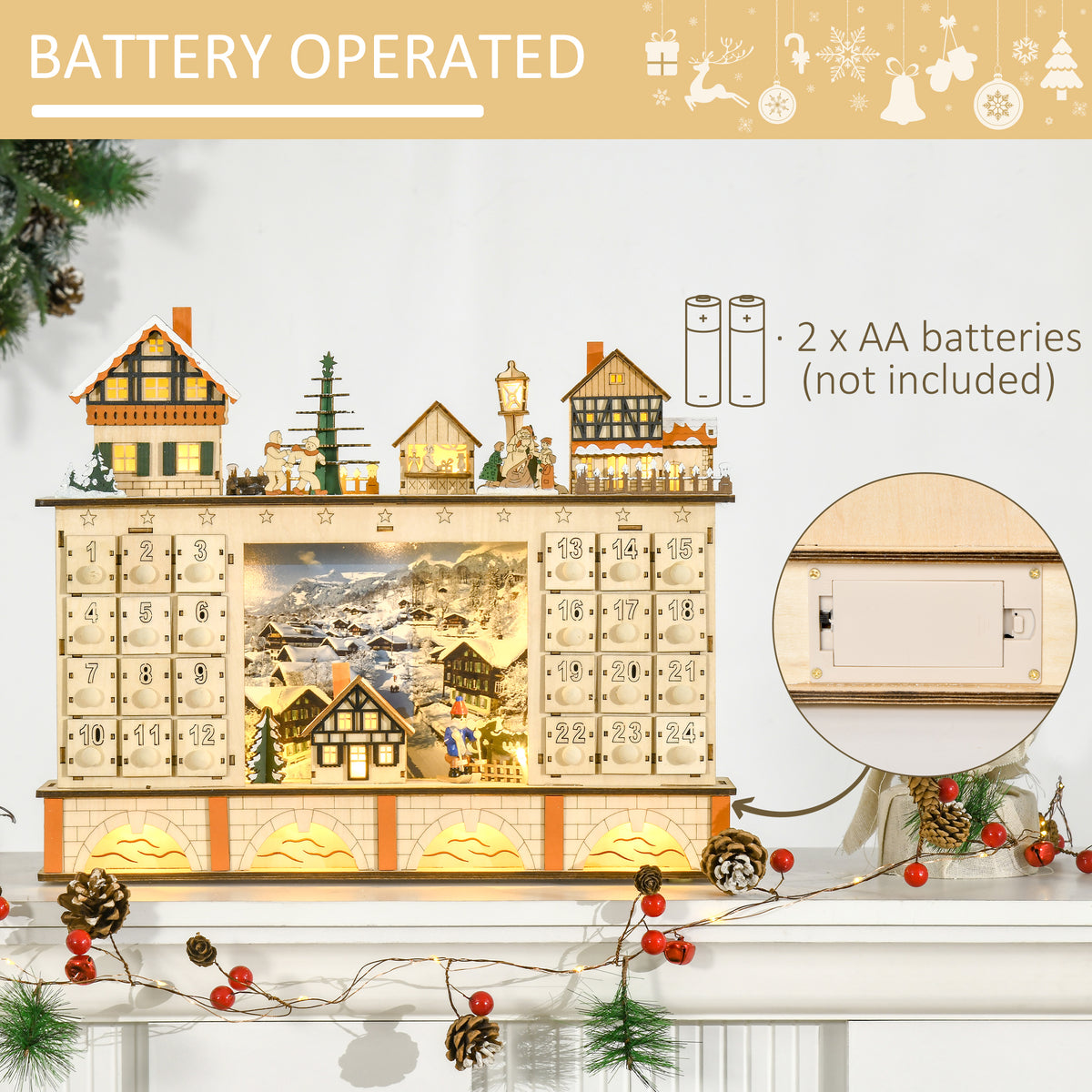 Light-Up Wooden Christmas Village Advent Calendar with Count - view 7
