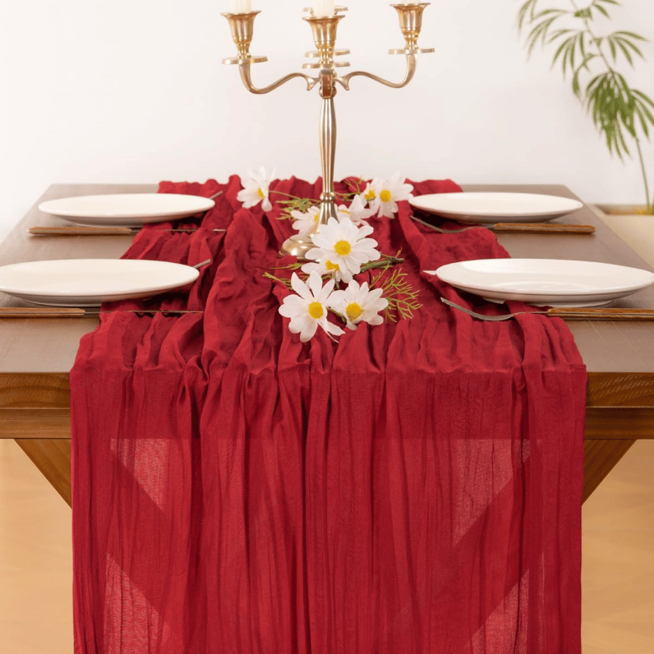 Boho Fall Table Runner, Rust Red Farmhouse Dining Table Deco - view 1