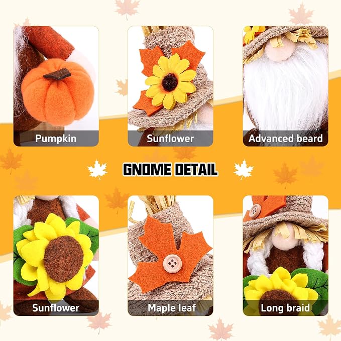 Plush Fall Gnomes 2-Pack with Pumpkin and Maple Leaves, Autu - view 4