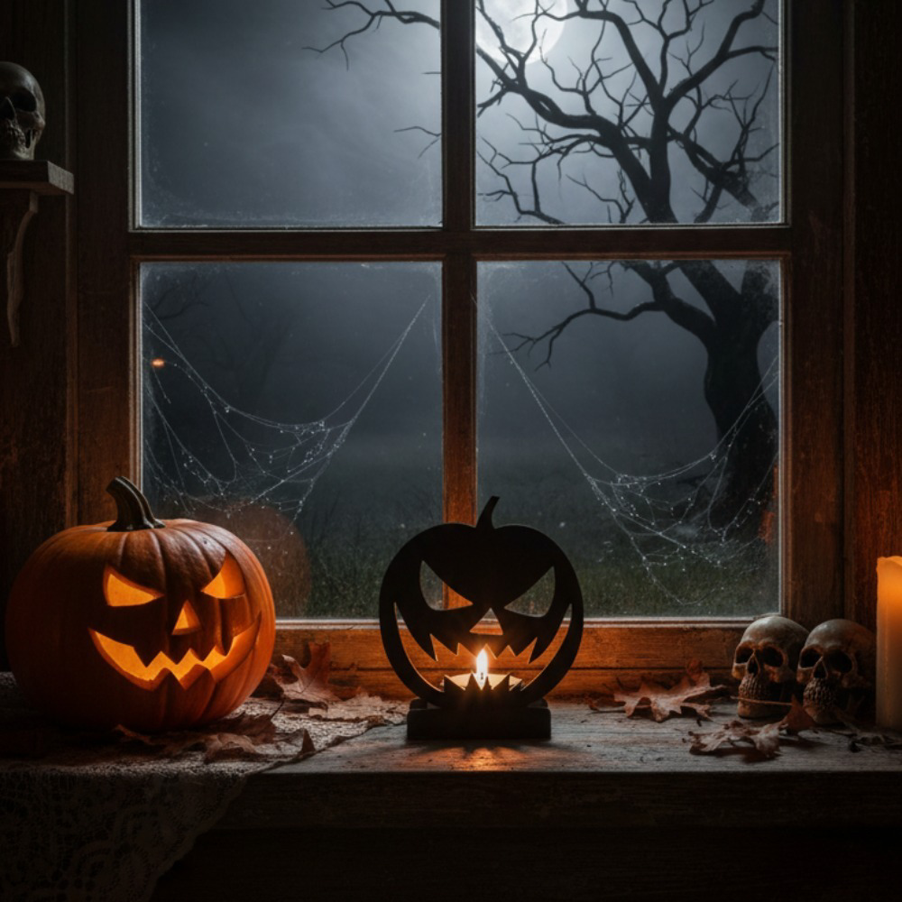 Gothic Pumpkin Metal Candle Holder, Spooky Halloween Centerp - view 3
