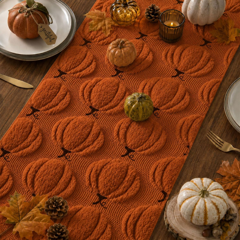 Plush Faux Fur Pumpkin Table Runner 13x72 in, Rust Fall Tabl - view 2