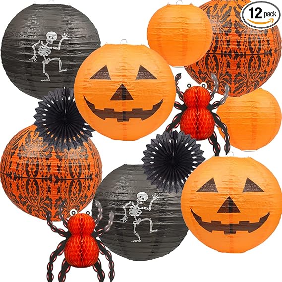 Halloween Paper Lanterns 12-Pack, Jack-o-Lantern, Spider and - view 3
