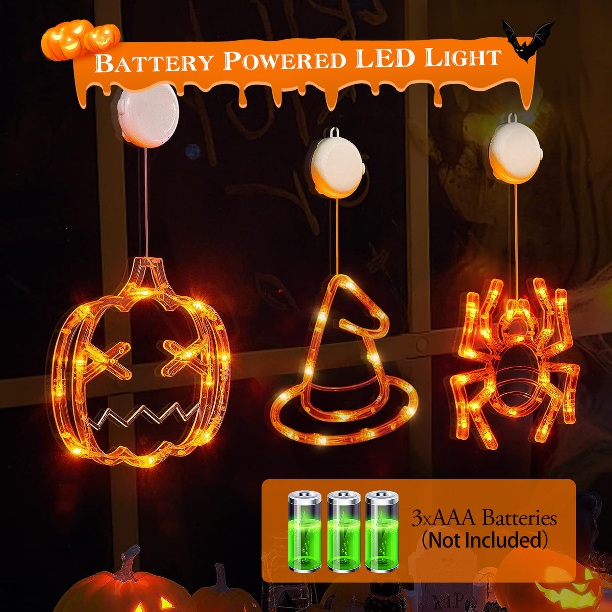 Halloween Window Lights 3-Pack, Spider, Witch Hat and Pumpki - view 2