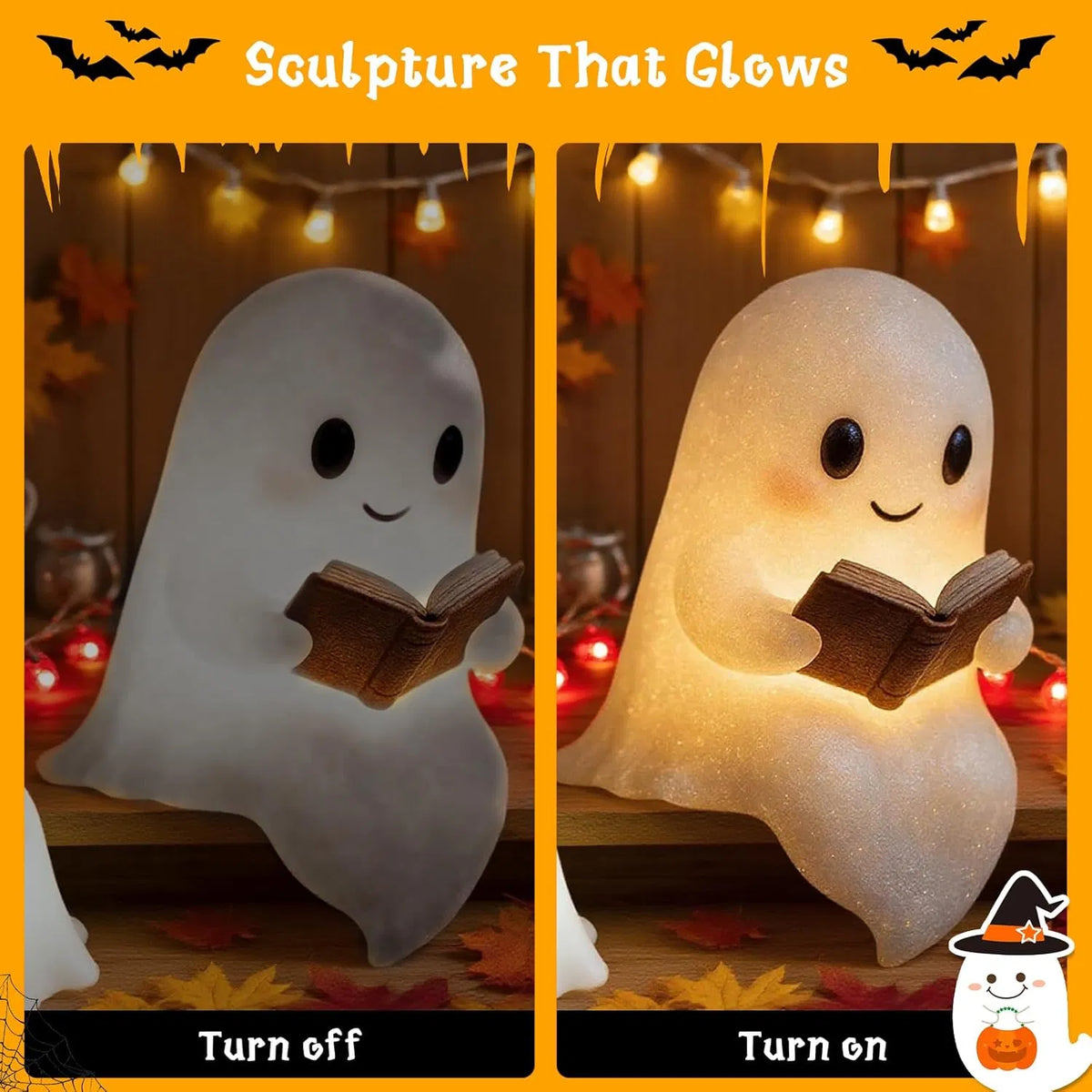 Ghost Reading Book Lamp, Cute Light-Up Halloween Night Light - view 4