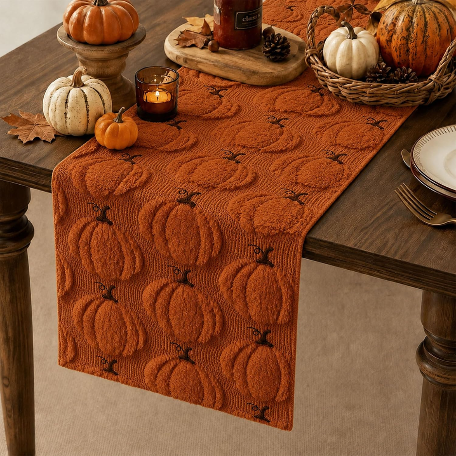 Plush Faux Fur Pumpkin Table Runner 13x72 in, Rust Fall Tabl - view 3