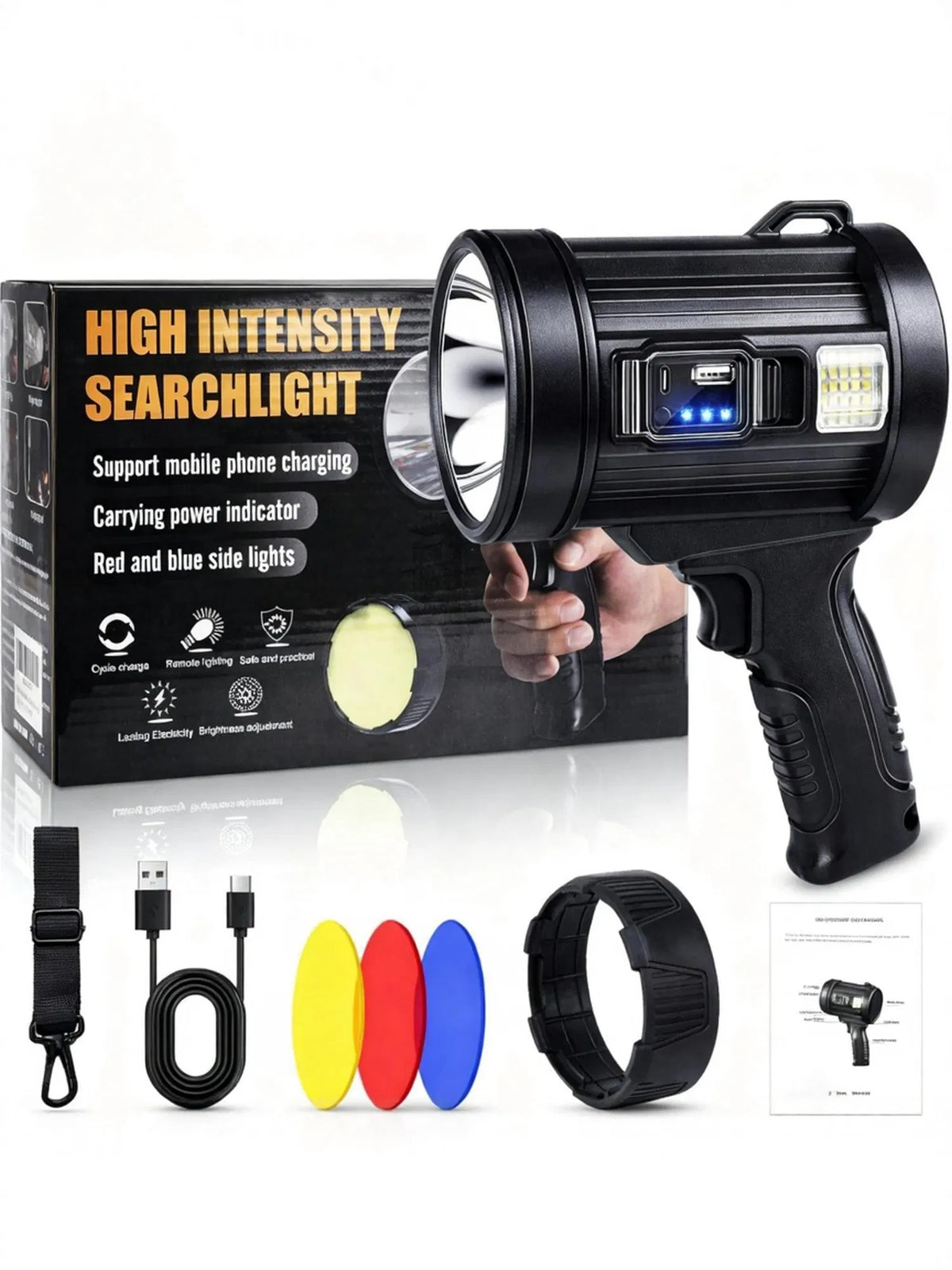 Rechargeable Handheld Spotlight, Solar and USB Charging, Wat - view 3