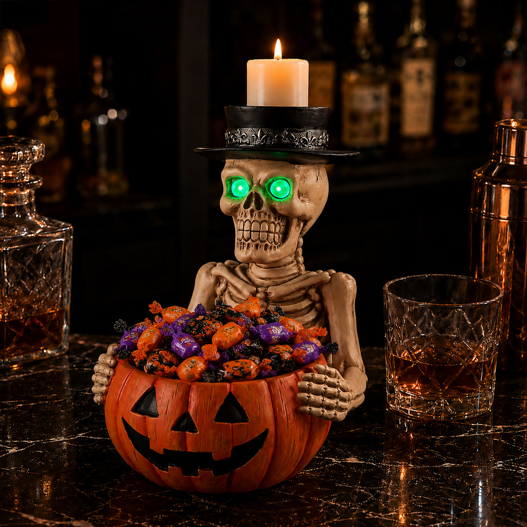 Light-Up Skeleton Figurine with Pumpkin Candy Bowl and Candl - view 1