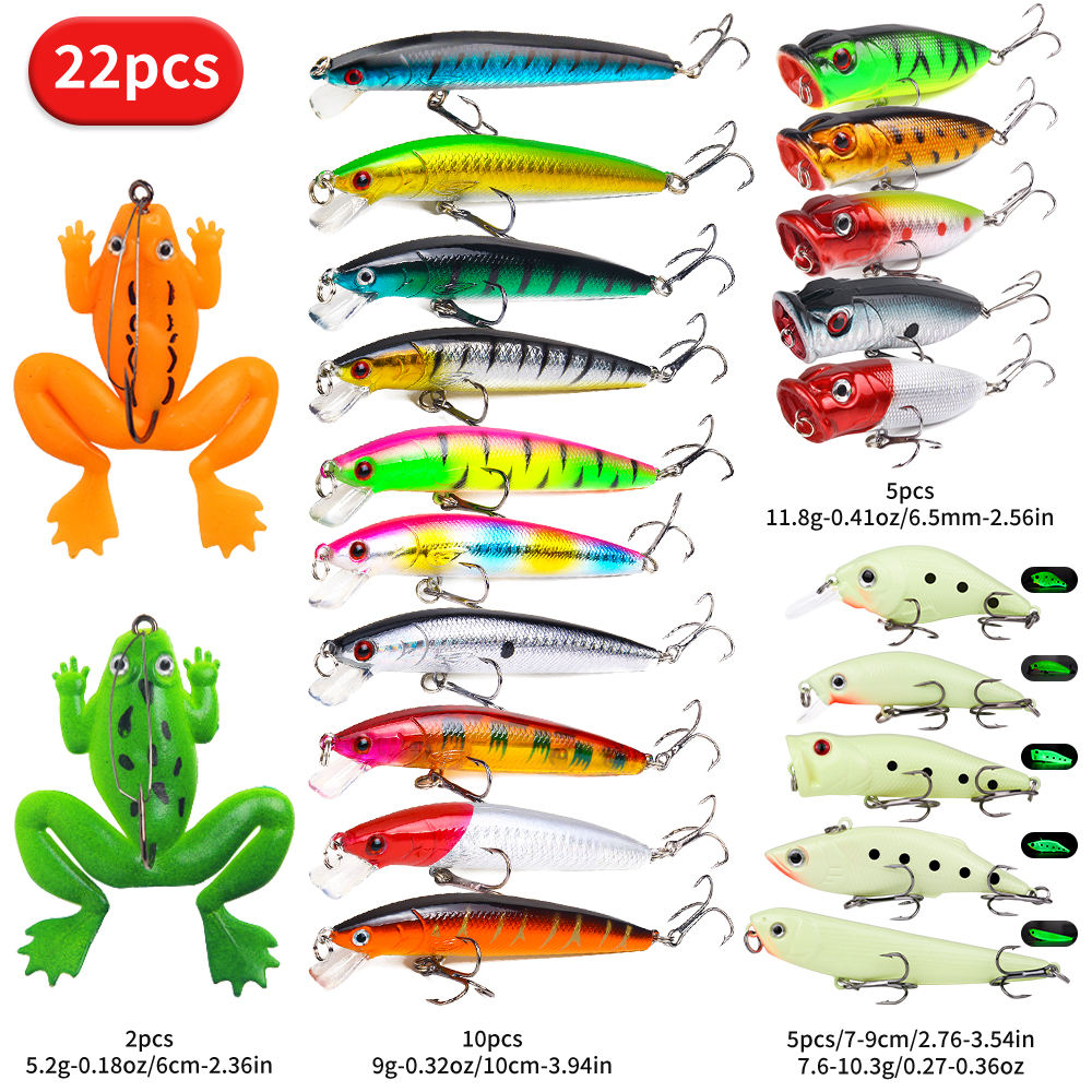 22-Piece Fishing Lure Kit: Frogs, Poppers, Minnows and Glow  - view 6