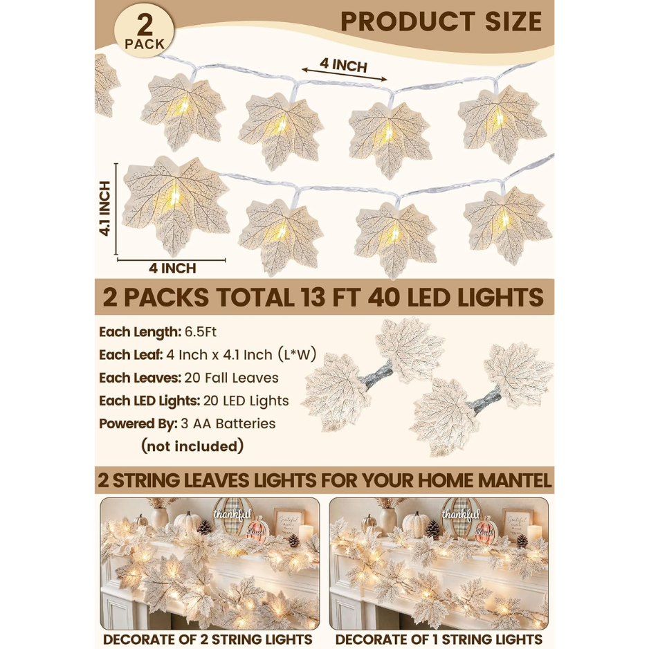 Maple Leaf Garland Lights 13 ft 40 LED, Battery Operated Fal - view 4