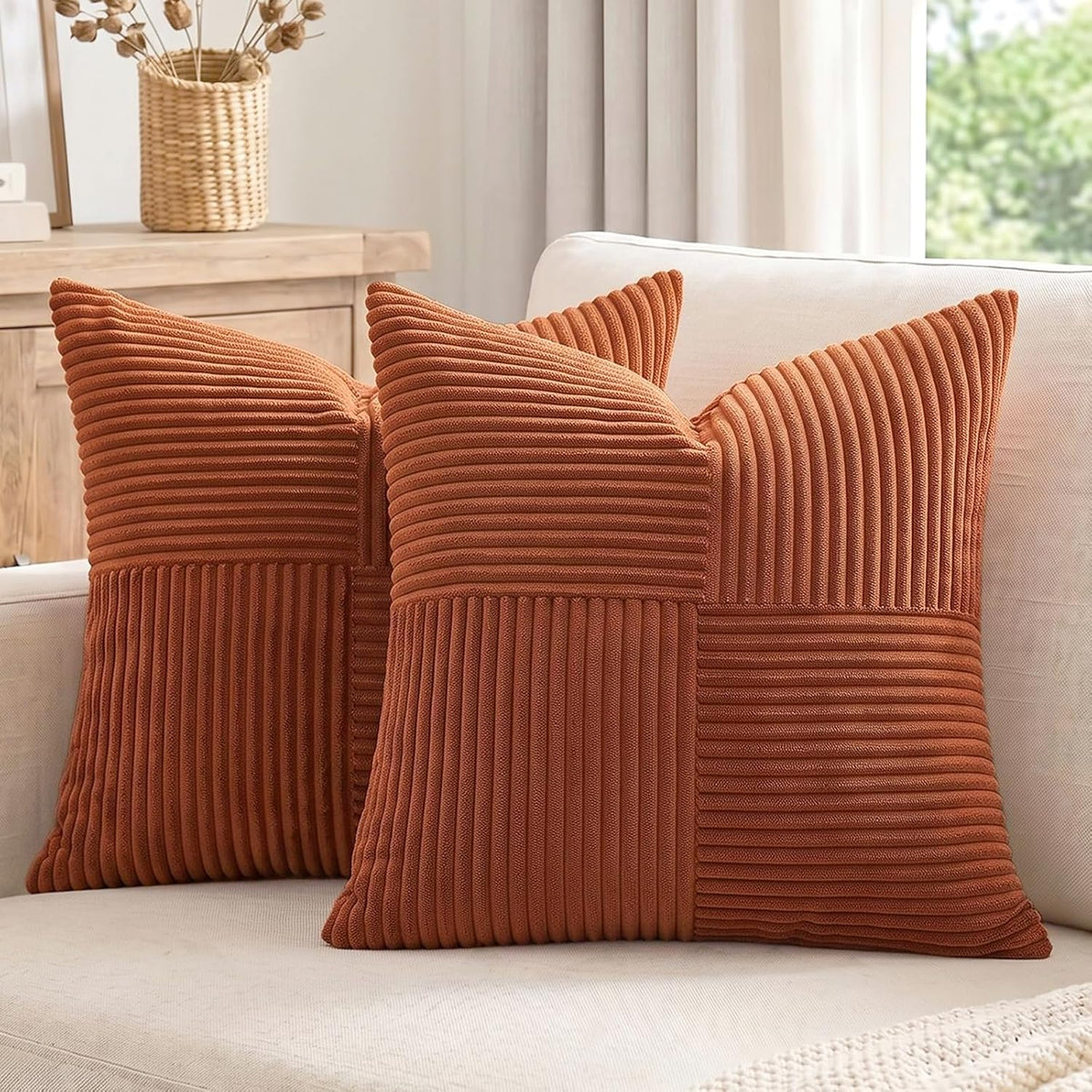 Rust Corduroy Throw Pillow Covers 18x18 Set of 2, Boho Fall  - view 5