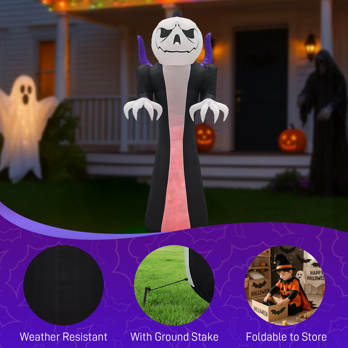12 ft Inflatable Pumpkin-Head Grim Reaper with Flame Light,  - view 7