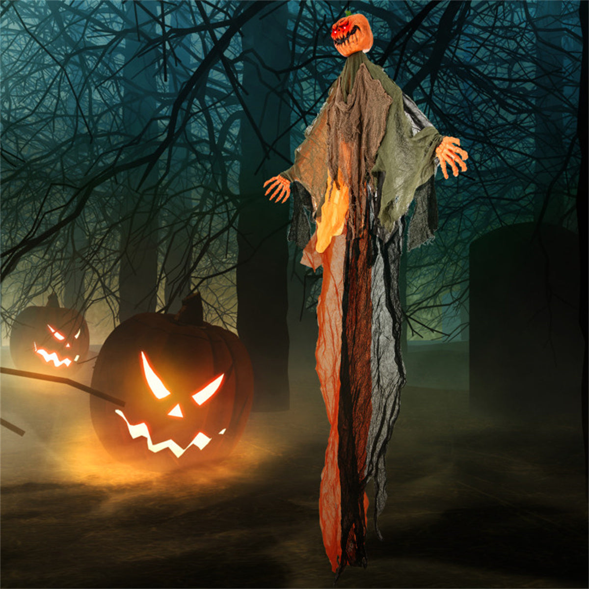 6 ft Hanging Pumpkin Ghost with Red LED Eyes and Poseable Ar - view 1