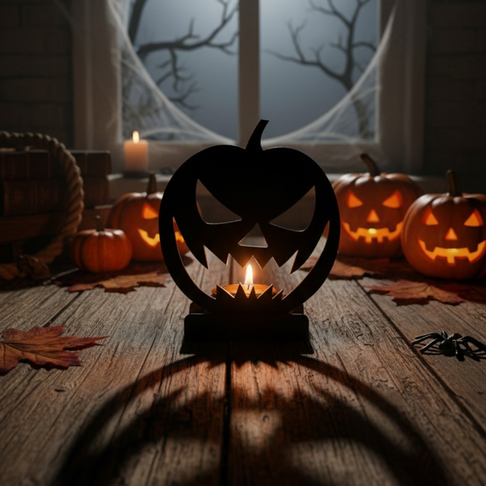 Gothic Pumpkin Metal Candle Holder, Spooky Halloween Centerp - view 2