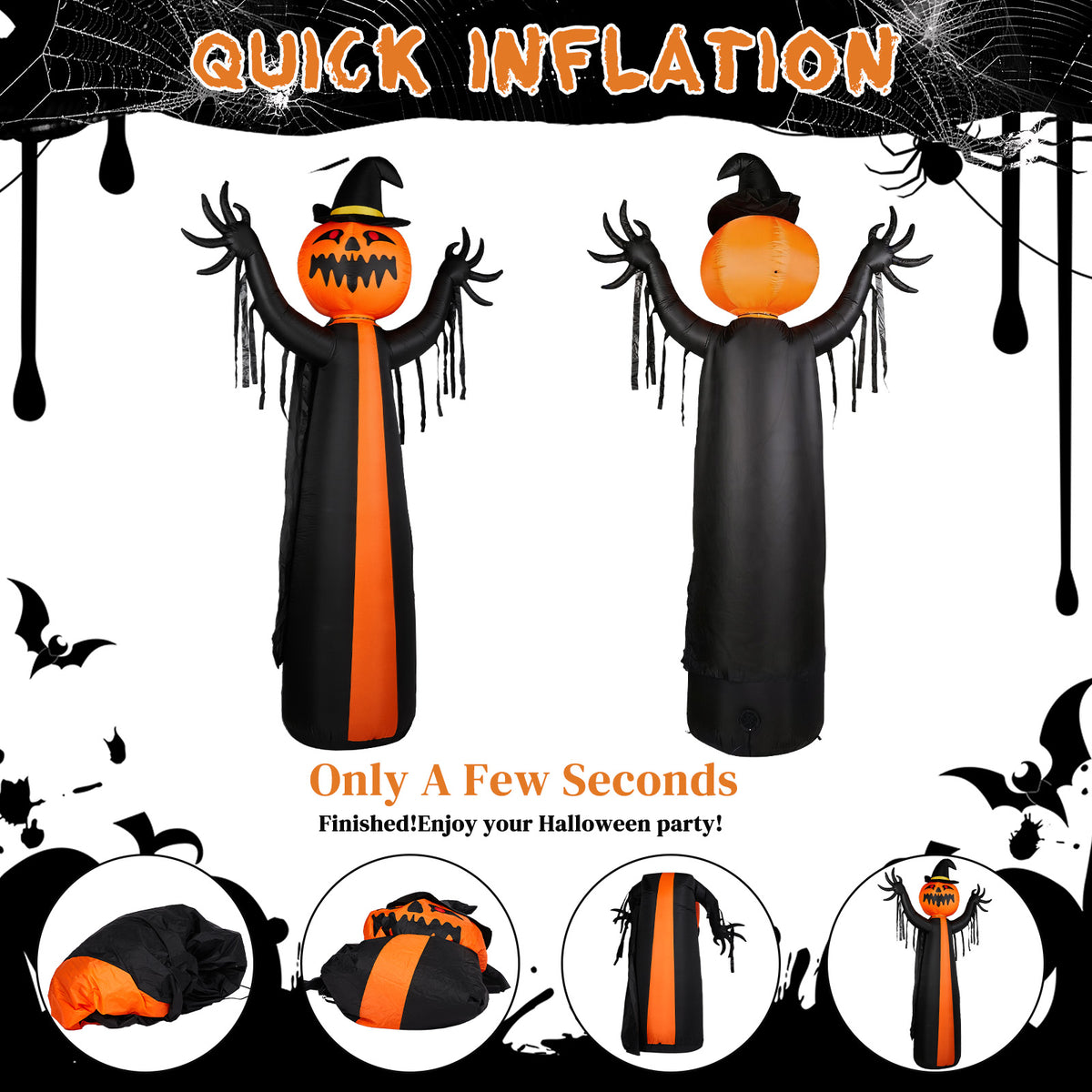 10 ft Inflatable Pumpkin Ghost in Cape with Rotating Head an - view 4