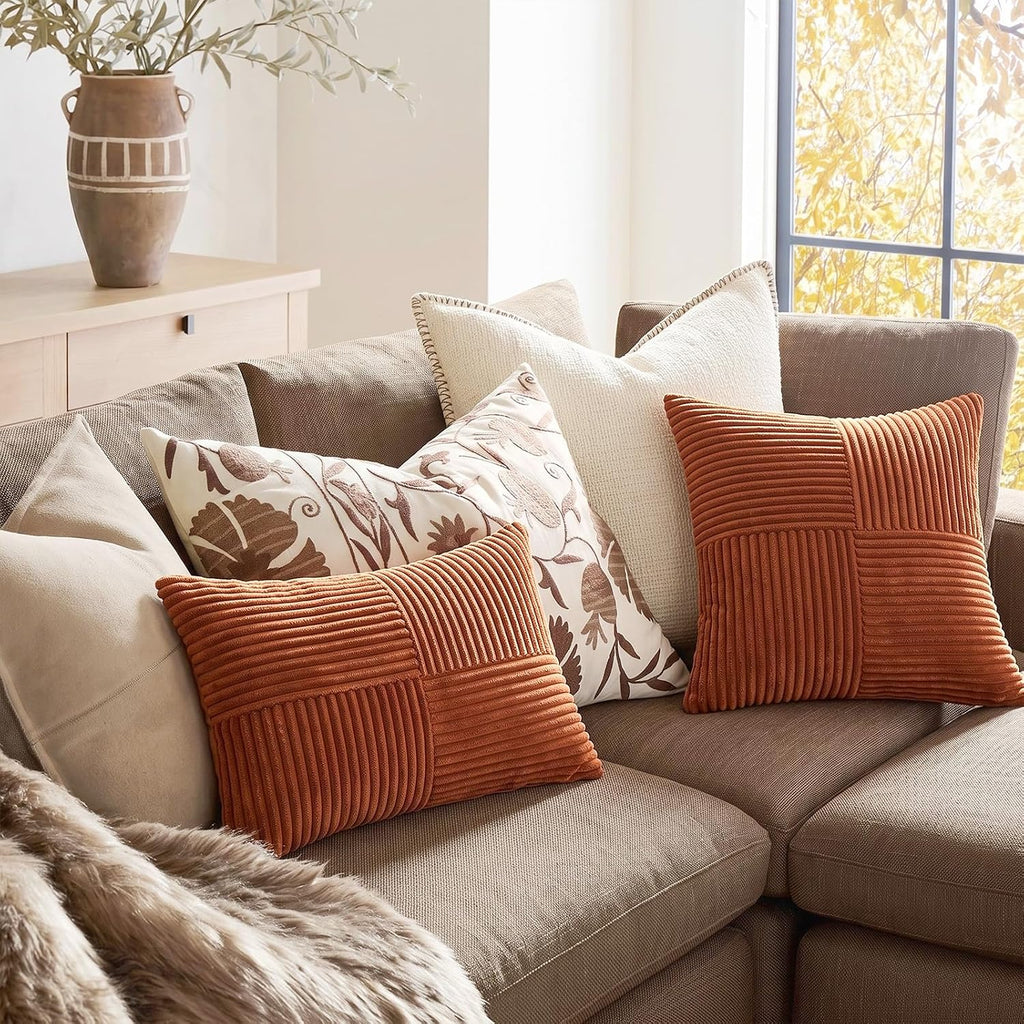 Rust Corduroy Throw Pillow Covers 18x18 Set of 2, Boho Fall  - view 2