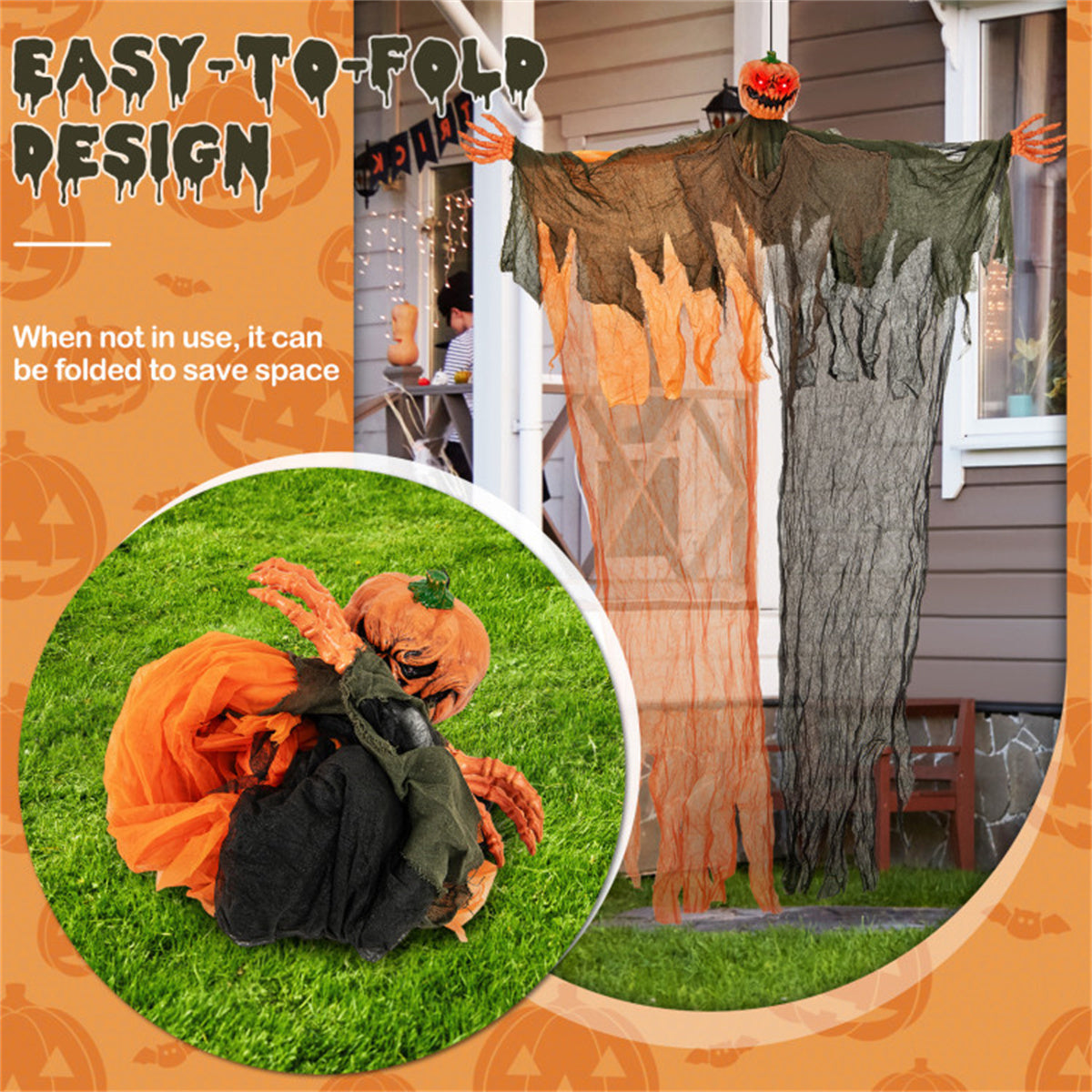 6 ft Hanging Pumpkin Ghost with Red LED Eyes and Poseable Ar - view 8