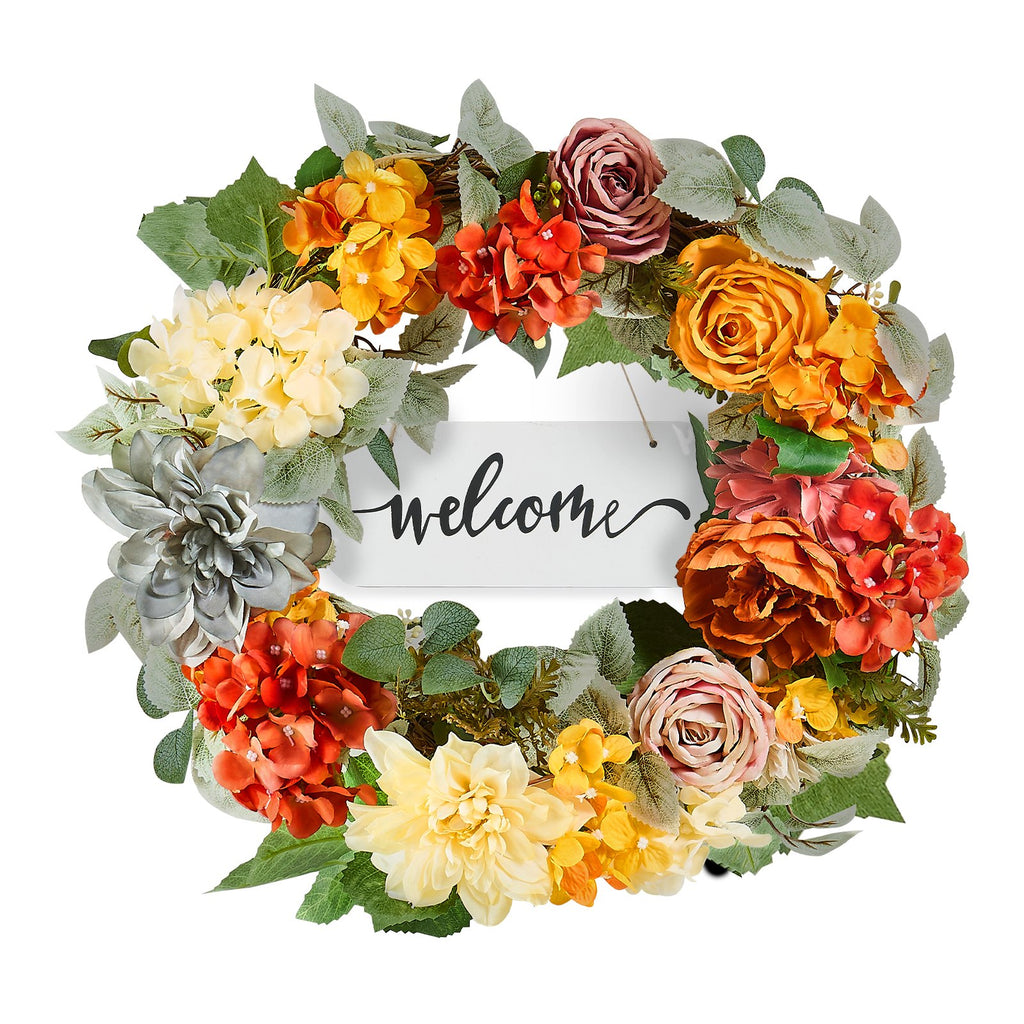 Hydrangea and Rose Wreath 24 in, Red, Orange and Yellow Fron - view 5