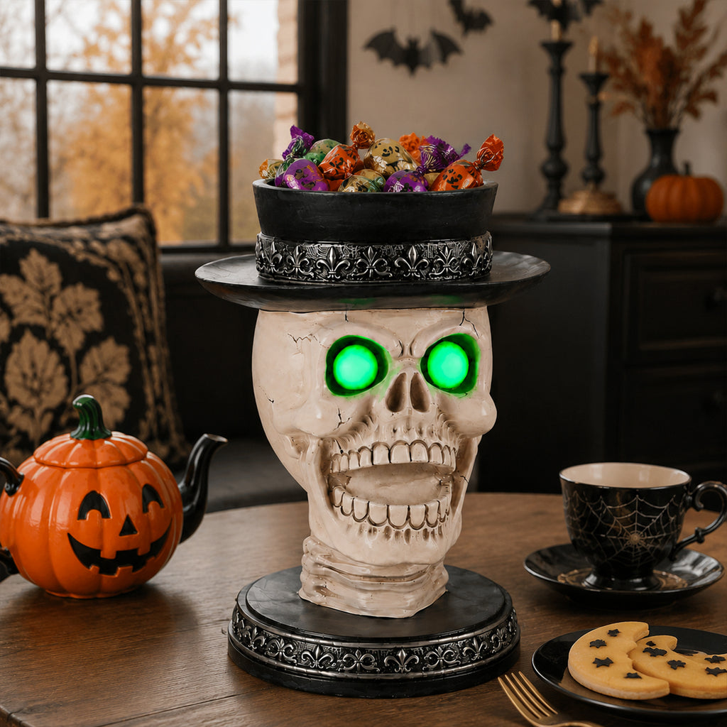Skull Candle Holder with Glowing Green Eyes, Gothic Hallowee - view 3