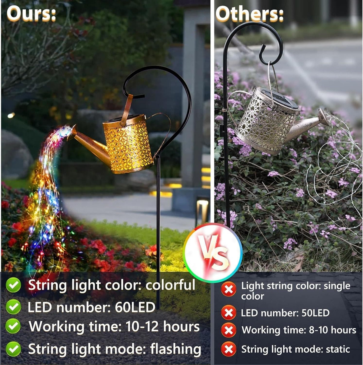Solar Watering Can Cascading Lights with Hook, Color-Changin - view 2