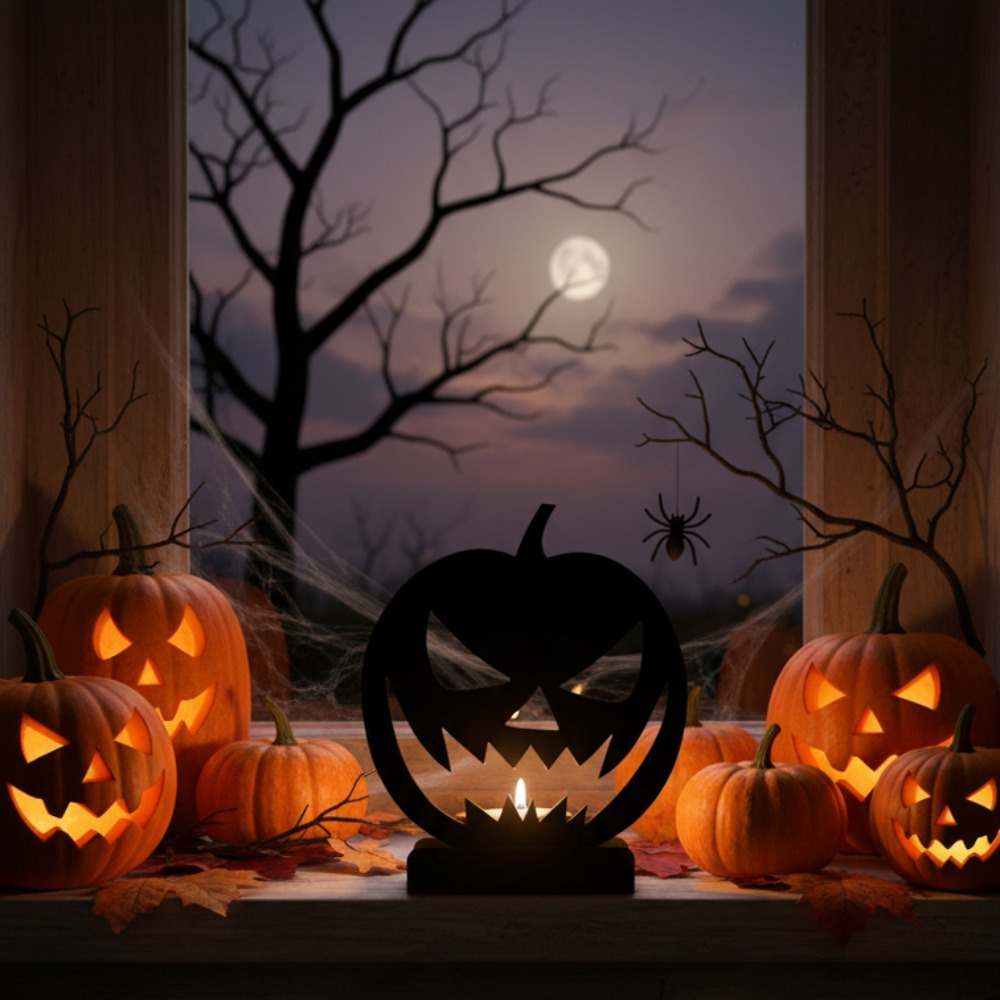 Gothic Pumpkin Metal Candle Holder, Spooky Halloween Centerp - view 4