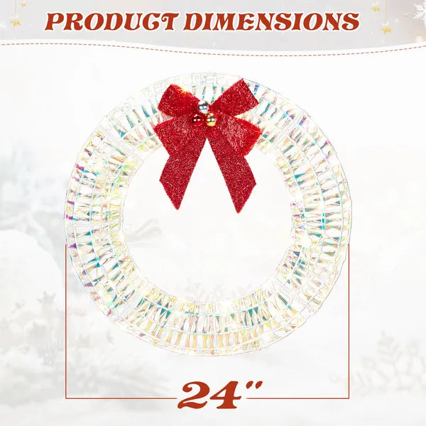 Pre-Lit Iridescent Metal Christmas Wreath 24 in with Red Bow - view 5